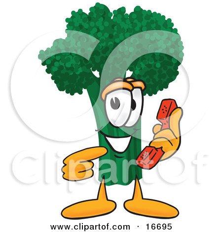 Clipart Picture of a Green Broccoli Food Mascot Cartoon Character Holding a Telephone by Mascot Junction