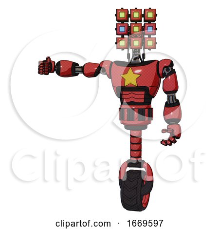 Android Containing Dual Retro Camera Head and Cube Array Head and Light Chest Exoshielding and Yellow Star and Unicycle Wheel. Primary Red Halftone. Arm out Holding Invisible Object.. by Leo Blanchette