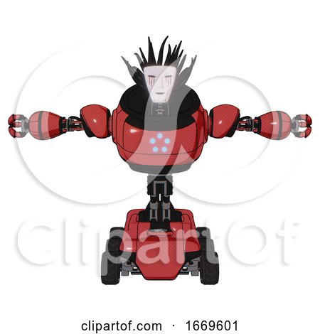 Droid Containing Humanoid Face Mask and Blood Tears and Heavy Upper Chest and Circle of Blue Leds and Six-wheeler Base. Primary Red Halftone. T-pose. by Leo Blanchette