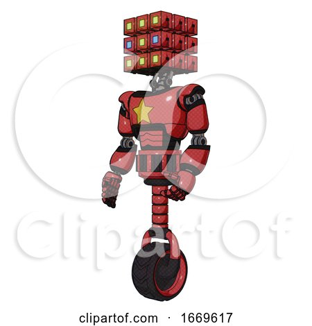 Android Containing Dual Retro Camera Head and Cube Array Head and Light Chest Exoshielding and Yellow Star and Unicycle Wheel. Primary Red Halftone. Facing Right View. by Leo Blanchette