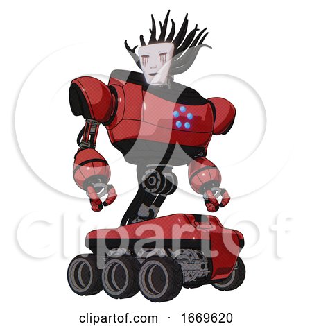 Droid Containing Humanoid Face Mask and Blood Tears and Heavy Upper Chest and Circle of Blue Leds and Six-wheeler Base. Primary Red Halftone. Hero Pose. by Leo Blanchette