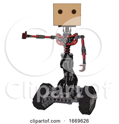 Android Containing Dual Retro Camera Head and Cardboard Box Head and Light Chest Exoshielding and No Chest Plating and Tank Tracks. Primary Red Halftone. Arm out Holding Invisible Object.. by Leo Blanchette