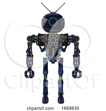 Automaton Containing Digital Display Head and Circle Face and Retro Antennas and Heavy Upper Chest and No Chest Plating and Ultralight Foot Exosuit. Grunge Dark Blue. Front View. by Leo Blanchette
