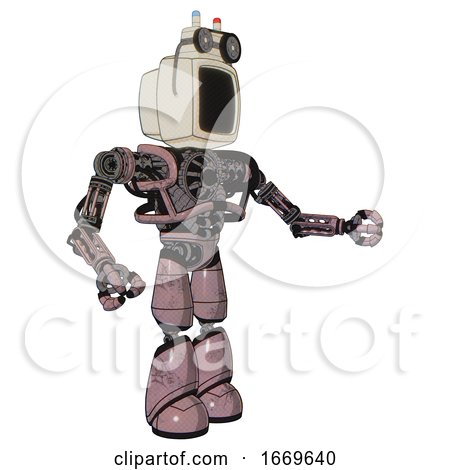 Bot Containing Old Computer Monitor and Old Computer Magnetic Tape and Heavy Upper Chest and No Chest Plating and Light Leg Exoshielding. Grayish Pink. Interacting. by Leo Blanchette