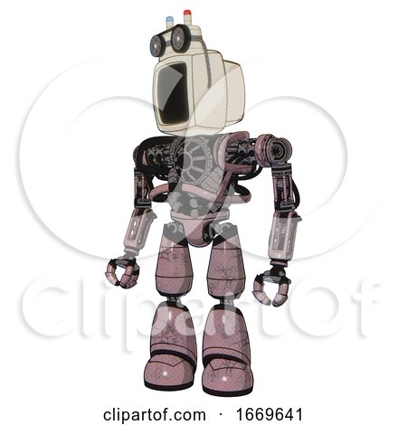 Bot Containing Old Computer Monitor and Old Computer Magnetic Tape and Heavy Upper Chest and No Chest Plating and Light Leg Exoshielding. Grayish Pink. Standing Looking Right Restful Pose. by Leo Blanchette