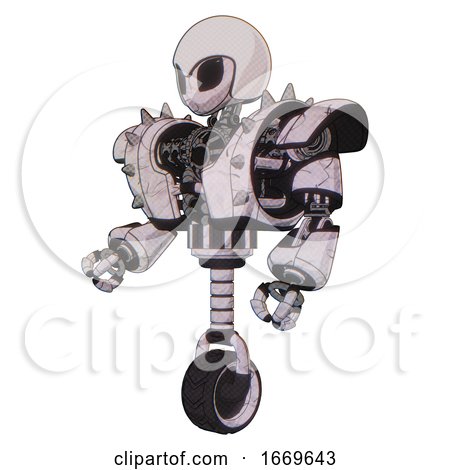 Robot Containing Grey Alien Style Head and Black Eyes and Helmet and Heavy Upper Chest and Heavy Mech Chest and Shoulder Spikes and Unicycle Wheel. Sketch Pad Doodle Lines. Facing Right View. by Leo Blanchette