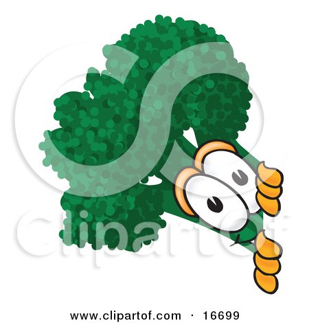 Clipart Picture of a Green Broccoli Food Mascot Cartoon Character Peeking Around a Corner by Mascot Junction