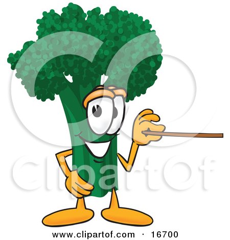 Clipart Picture of a Green Broccoli Food Mascot Cartoon Character Holding a Pointer Stick by Mascot Junction