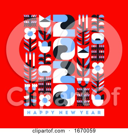Happy New Year 2020 Greeting Card. Elegant Numbers with Geometric Flowers and Plants on Vibrant Red Background. Abstract Vector Illustration for Brochure Cover or Holiday Calendar by elena
