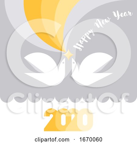 Happy New Year 2020 Greeting Card with Yellow Star and Two Flying White Birds of Peace by elena
