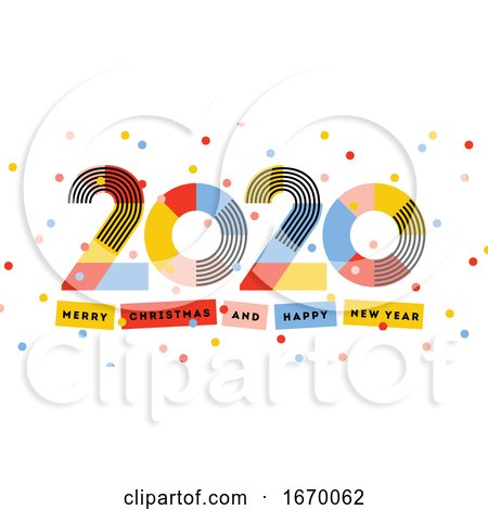Merry Christmas and Happy New Year 2020 Greeting Card. Multicolored Abstract Numbers with Ribbons and Confetti Isolated on White Background. Elegant Vector Illustration in Retro Style by elena