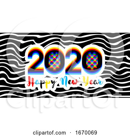 Modern Multicolored Numbers 2020 with Stereoscopic Effect and Happy New Year Greetings on Black White Striped Background. Stylish Vector Illustration for Holiday Calendar, Flyer or by elena