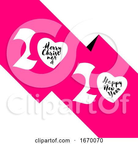 Elegant White Numbers 2020 in Shape of Heart and Merry Christmas and Happy New Year Greetings on Pink Background. Romantic Vector Illustration for Greeting Card, Holiday Calendar, Book or Brochure by elena
