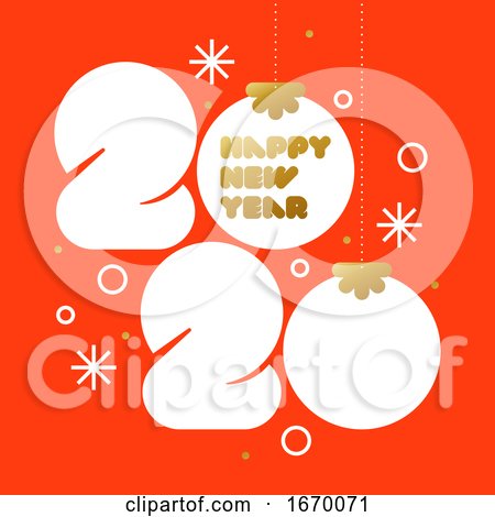 Happy New Year 2020 Greeting Card with Xmas Balls and White Rounded Big Numbers on Red Background. Modern Vector Illustration for Diary Cover, Brochure or Calendar by elena
