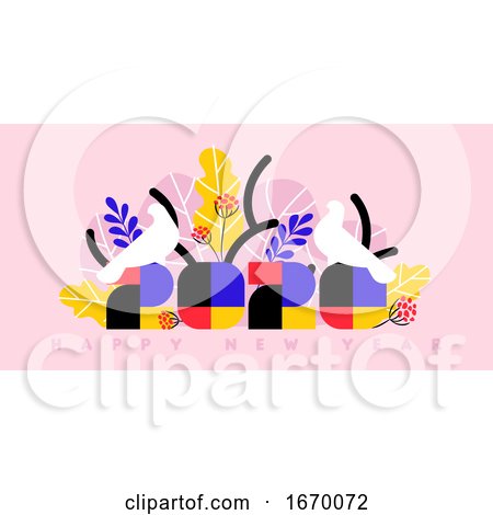 Happy New Year 2020 Greeting Card. Multicolored Numbers with Tropical Palm Leaves and White Birds on Pink Background. Stylish Vector Illustration for Brochure Cover or Holiday Calendar by elena