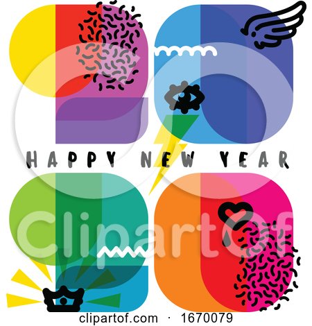 Happy New Year 2020 Greeting Card. Multicolored Numbers with Cool Design Elements like Wing, Eye, Crown, Heart on White Background. Retro Style Vector Illustration for Brochure Cover or Web Page by elena