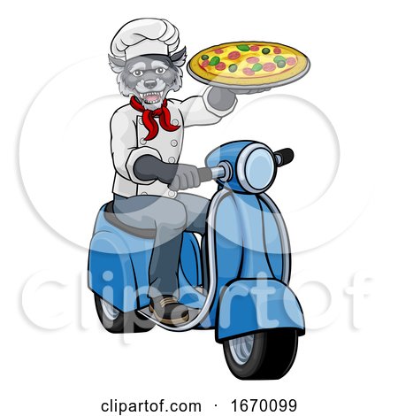 Wolf Chef Pizza Restaurant Delivery Scooter by AtStockIllustration