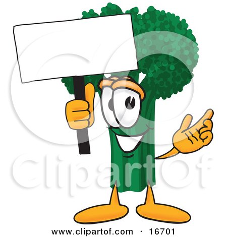 Clipart Picture of a Green Broccoli Food Mascot Cartoon Character Holding a Blank White Sign by Mascot Junction