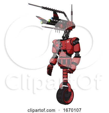 Cyborg Containing Dual Retro Camera Head and Communications Array Head and Light Chest Exoshielding and Red Energy Core and Unicycle Wheel. Primary Red Halftone. Facing Right View. by Leo Blanchette
