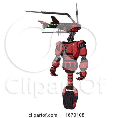 Cyborg Containing Dual Retro Camera Head and Communications Array Head and Light Chest Exoshielding and Red Energy Core and Unicycle Wheel. Primary Red Halftone. Standing Looking Right Restful Pose. by Leo Blanchette
