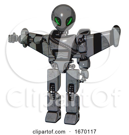 Droid Containing Grey Alien Style Head and Green Demon Eyes and Light Chest Exoshielding and Rubber Chain Sash and Stellar Jet Wing Rocket Pack and Prototype Exoplate Legs. Patent Concrete Gray Metal. by Leo Blanchette