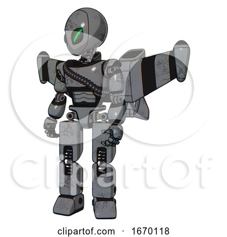 Droid Containing Grey Alien Style Head and Green Demon Eyes and Light Chest Exoshielding and Rubber Chain Sash and Stellar Jet Wing Rocket Pack and Prototype Exoplate Legs. Patent Concrete Gray Metal. by Leo Blanchette