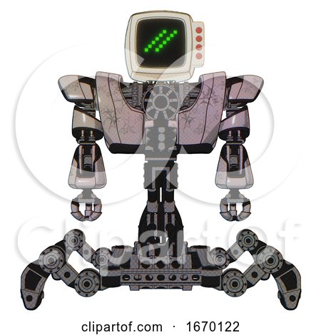 Robot Containing Old Computer Monitor and Double Backslash Pixel Design and Red Buttons and Heavy Upper Chest and Heavy Mech Chest and Insect Walker Legs. Gray Metal. Front View. by Leo Blanchette