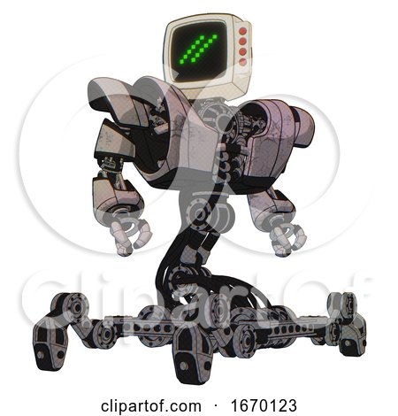 Robot Containing Old Computer Monitor and Double Backslash Pixel Design and Red Buttons and Heavy Upper Chest and Heavy Mech Chest and Insect Walker Legs. Gray Metal. Hero Pose. by Leo Blanchette