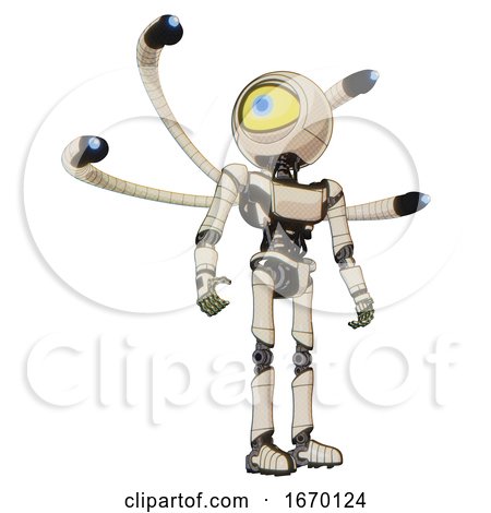 Cyborg Containing Giant Eyeball Head Design and Light Chest Exoshielding and Ultralight Chest Exosuit and Blue-eye Cam Cable Tentacles and Ultralight Foot Exosuit. off White Toon. Hero Pose. by Leo Blanchette