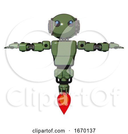 Android Containing Oval Wide Head and Telescopic Steampunk Eyes and Steampunk Iron Bands with Bolts and Light Chest Exoshielding and Prototype Exoplate Chest and Jet Propulsion. Grass Green. T-pose. by Leo Blanchette