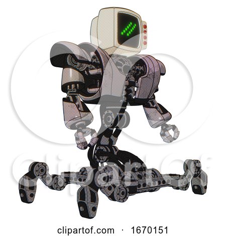 Robot Containing Old Computer Monitor and Double Backslash Pixel Design and Red Buttons and Heavy Upper Chest and Heavy Mech Chest and Insect Walker Legs. Gray Metal. Facing Left View. by Leo Blanchette
