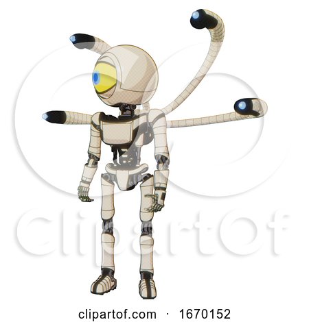 Cyborg Containing Giant Eyeball Head Design and Light Chest Exoshielding and Ultralight Chest Exosuit and Blue-eye Cam Cable Tentacles and Ultralight Foot Exosuit. off White Toon. by Leo Blanchette