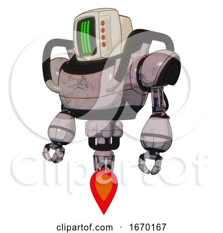 Droid Containing Old Computer Monitor and Three Lines Pixel Design and Red Buttons and Heavy Upper Chest and Jet Propulsion. Gray Metal. Standing Looking Right Restful Pose. by Leo Blanchette
