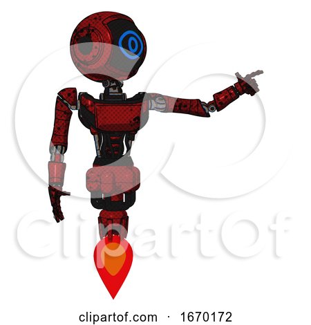 Mech Containing Digital Display Head and Large Eye and Light Chest Exoshielding and Ultralight Chest Exosuit and Jet Propulsion. Grunge Dots Dark Red. Pointing Left or Pushing a Button.. by Leo Blanchette