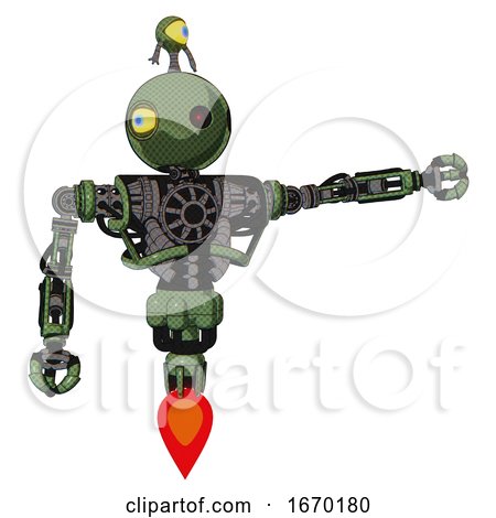 Bot Containing Oval Wide Head and Small Red Led Eyes and Minibot Ornament and Heavy Upper Chest and No Chest Plating and Jet Propulsion. Grass Green. Pointing Left or Pushing a Button.. by Leo Blanchette