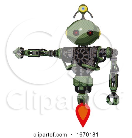 Bot Containing Oval Wide Head and Small Red Led Eyes and Minibot Ornament and Heavy Upper Chest and No Chest Plating and Jet Propulsion. Grass Green. Arm out Holding Invisible Object.. by Leo Blanchette