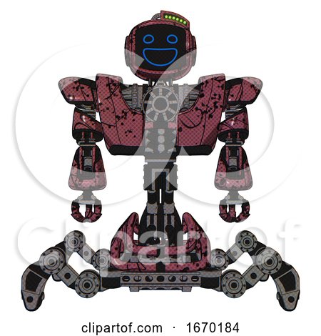 Robot Containing Digital Display Head and Wide Smile and Green Led Array and Heavy Upper Chest and Heavy Mech Chest and Insect Walker Legs. Muavewood Halftone Grunge. Front View. by Leo Blanchette