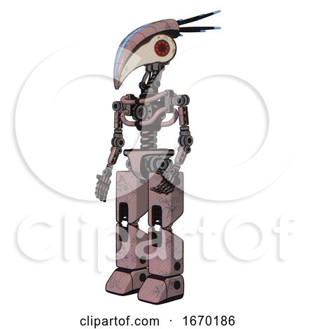 Robot Containing Bird Skull Head and Red Led Circle Eyes and Head Shield Design and Light Chest Exoshielding and No Chest Plating and Prototype Exoplate Legs. Powder Pink Metal. Facing Right View. by Leo Blanchette
