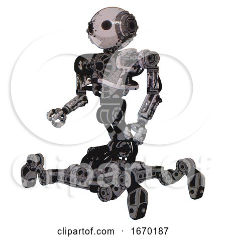 Automaton Containing Oval Wide Head and Steampunk Iron Bands with Bolts and Heavy Upper Chest and No Chest Plating and Insect Walker Legs. Grunge Sketch Dots. Facing Right View. by Leo Blanchette
