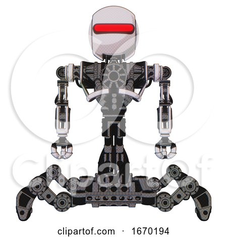 Droid Containing Round Head and Horizontal Red Visor and Heavy Upper Chest and No Chest Plating and Insect Walker Legs. White Halftone Toon. Front View. by Leo Blanchette