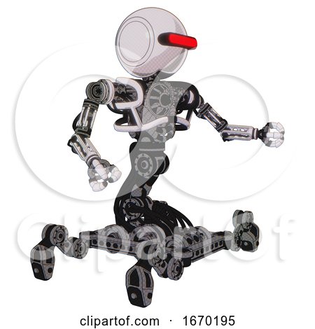 Droid Containing Round Head and Horizontal Red Visor and Heavy Upper Chest and No Chest Plating and Insect Walker Legs. White Halftone Toon. Interacting. by Leo Blanchette
