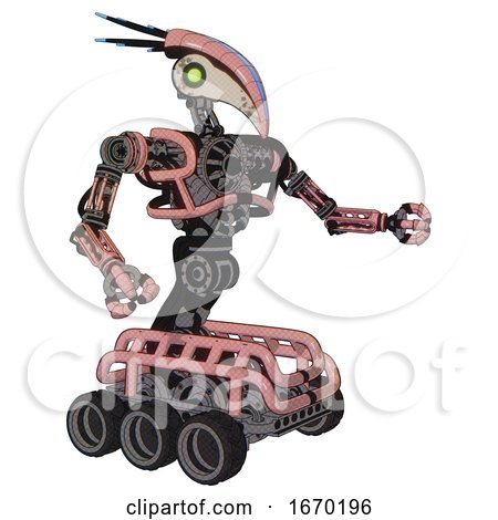 Mech Containing Bird Skull Head and Green Eyes and Head Shield Design and Heavy Upper Chest and No Chest Plating and Six-wheeler Base. Toon Pink Tint. Interacting. by Leo Blanchette