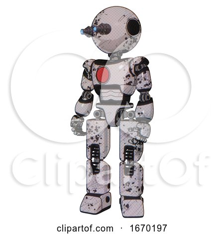 Mech Containing Oval Wide Head and Telescopic Steampunk Eyes and Light Chest Exoshielding and Red Chest Button and Prototype Exoplate Legs. Grunge Sketch Dots. Standing Looking Right Restful Pose. by Leo Blanchette