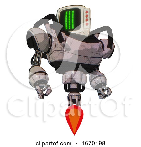 Droid Containing Old Computer Monitor and Three Lines Pixel Design and Red Buttons and Heavy Upper Chest and Jet Propulsion. Gray Metal. Hero Pose. by Leo Blanchette