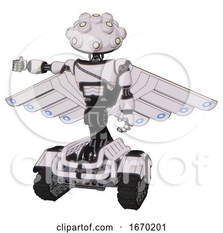 Automaton Containing Techno Multi-eyed Domehead Design and Light Chest Exoshielding and Cable Sash and Cherub Wings Design and Tank Tracks. White Halftone Toon. Arm out Holding Invisible Object.. by Leo Blanchette