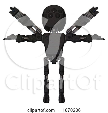 Android Containing Round Head and Bug Eye Array and Light Chest Exoshielding and Prototype Exoplate Chest and Minigun Back Assembly and Ultralight Foot Exosuit. Dirty Black. T-pose. by Leo Blanchette