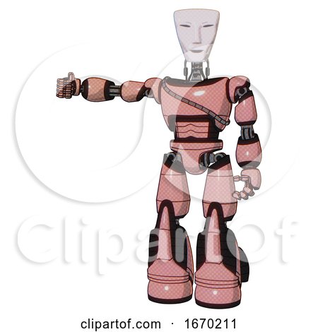 Android Containing Humanoid Face Mask and Light Chest Exoshielding and Cable Sash and Light Leg Exoshielding and Stomper Foot Mod. Toon Pink Tint. Arm out Holding Invisible Object.. by Leo Blanchette