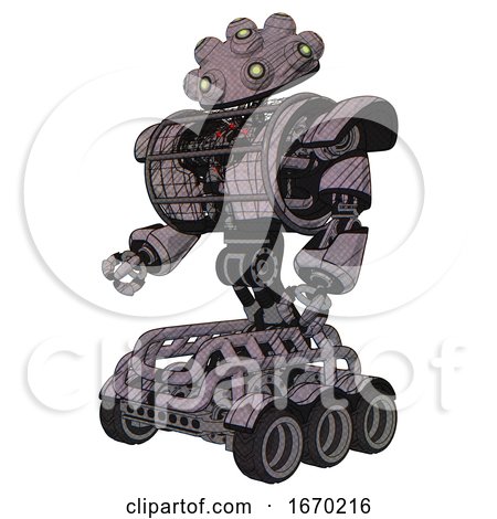 Automaton Containing Techno Multi-eyed Domehead Design and Heavy Upper Chest and Heavy Mech Chest and Barbed Wire Chest Armor Cage and Six-wheeler Base. Dark Sketch Lines. Facing Right View. by Leo Blanchette