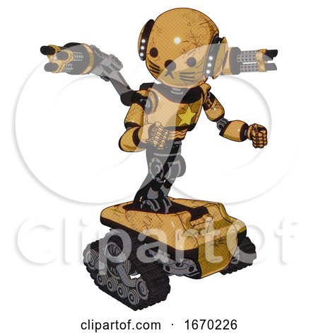 Automaton Containing Round Head and Head Light Gadgets and Light Chest Exoshielding and Yellow Star and Minigun Back Assembly and Tank Tracks and Cat Face. Construction Yellow Halftone. by Leo Blanchette
