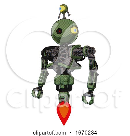 Bot Containing Oval Wide Head and Small Red Led Eyes and Minibot Ornament and Heavy Upper Chest and No Chest Plating and Jet Propulsion. Grass Green. Standing Looking Right Restful Pose. by Leo Blanchette